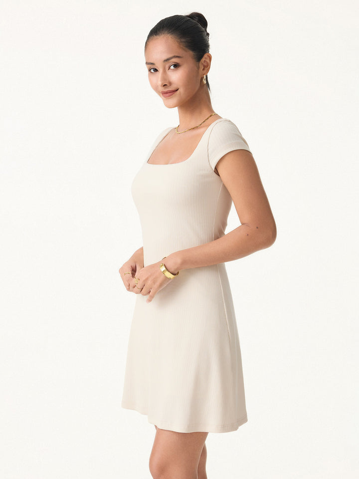 Stretch Cotton Pointelle Square Neck Cap Sleeve Mini Brami Dress