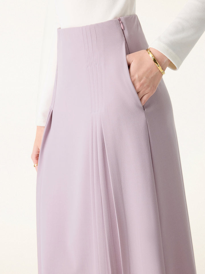 Wrinkle-Resistant A-line Pleated Midi Skirt with Pockets