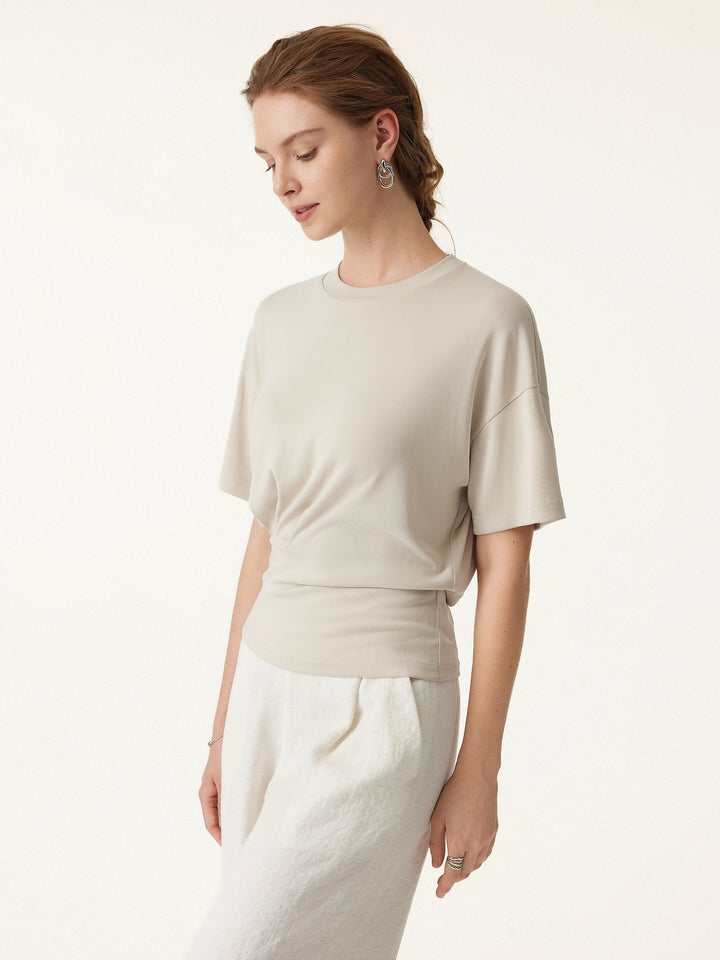 2Pcs Set Flap Collar Surplice Top with Drawstring Tie & Crewneck Tucked Tee