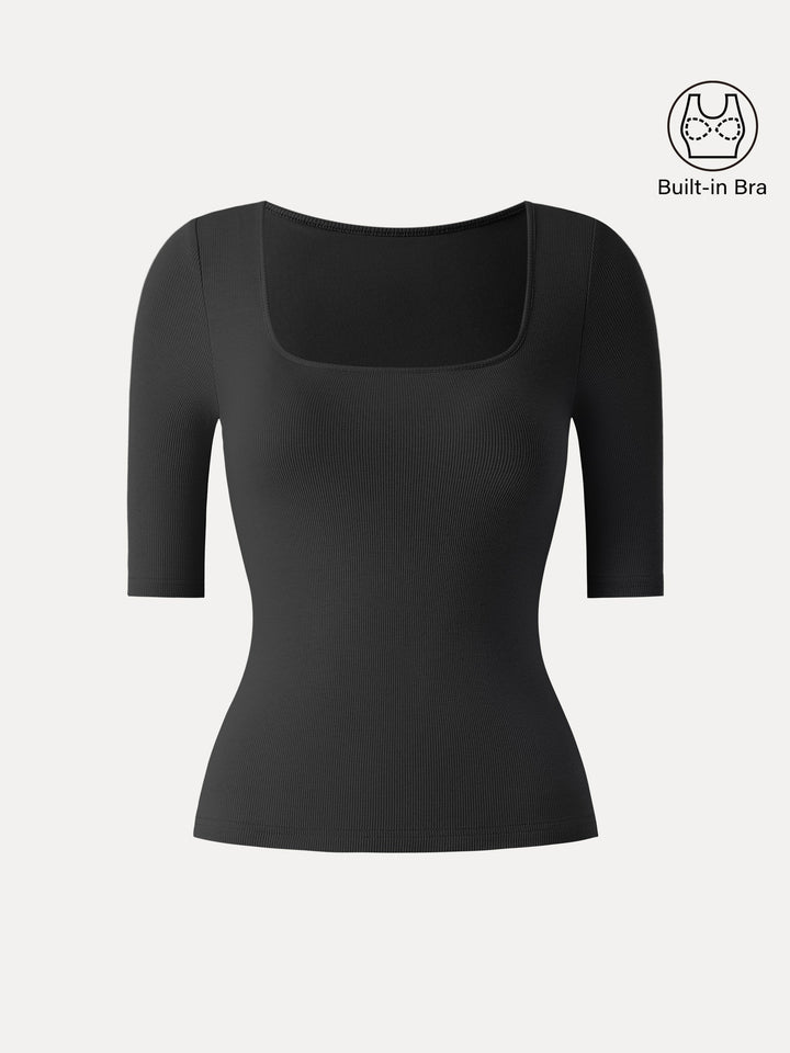 Essential Stretch Cotton Square Neck Elbow Length Sleeve Brami Black XS