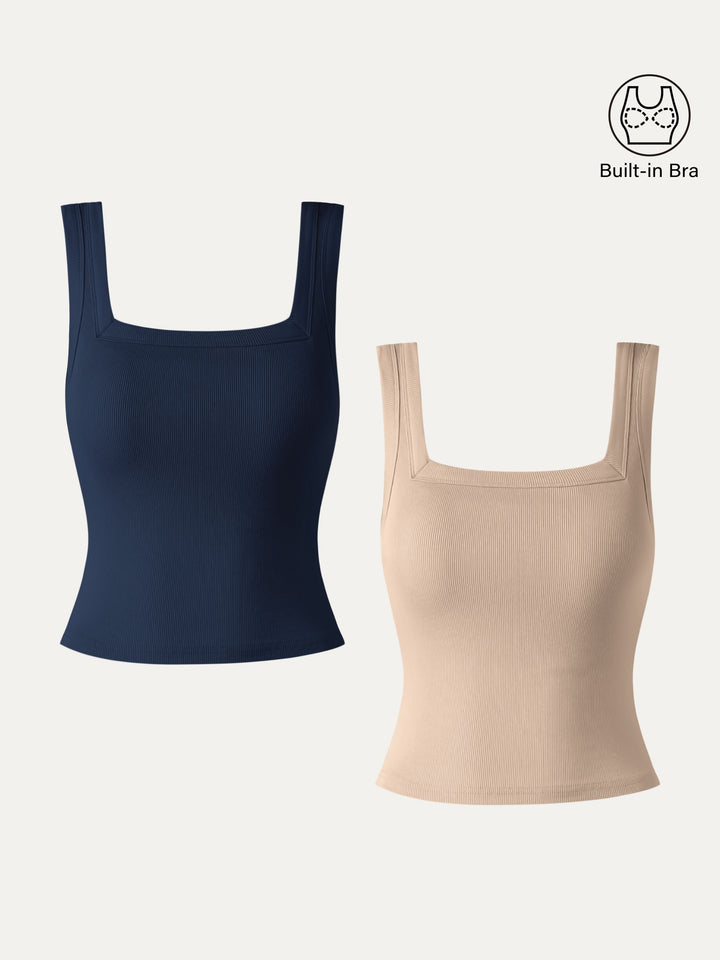2Pcs Set Slinky Square Open-Back Brami Tank Top-Cropped Navy/Natural Calico XS