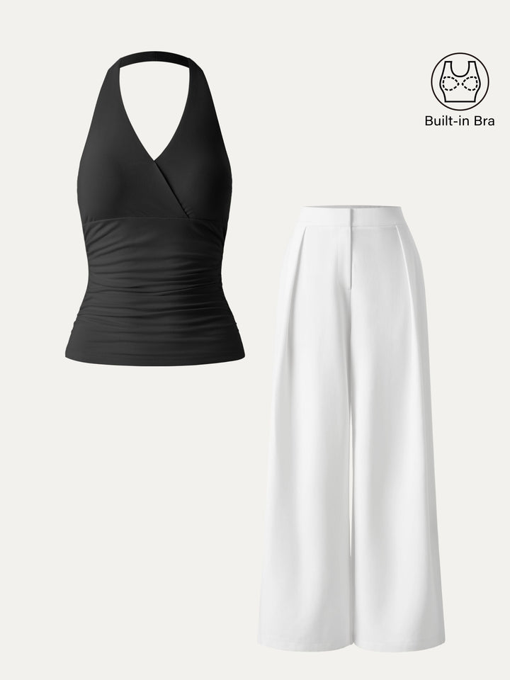 2Pcs Set Halter Neck Brami Tank & Non-sheer Mid Rise Trouser with Pockets Black/White XS