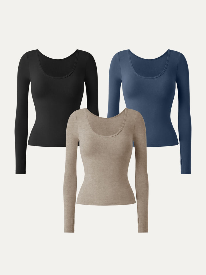 3Pcs Set Essential Lyocell Cashmere Multi-Wear Long Sleeve Top with Thumbholes Black/Heather Calico/Ink Blue XS
