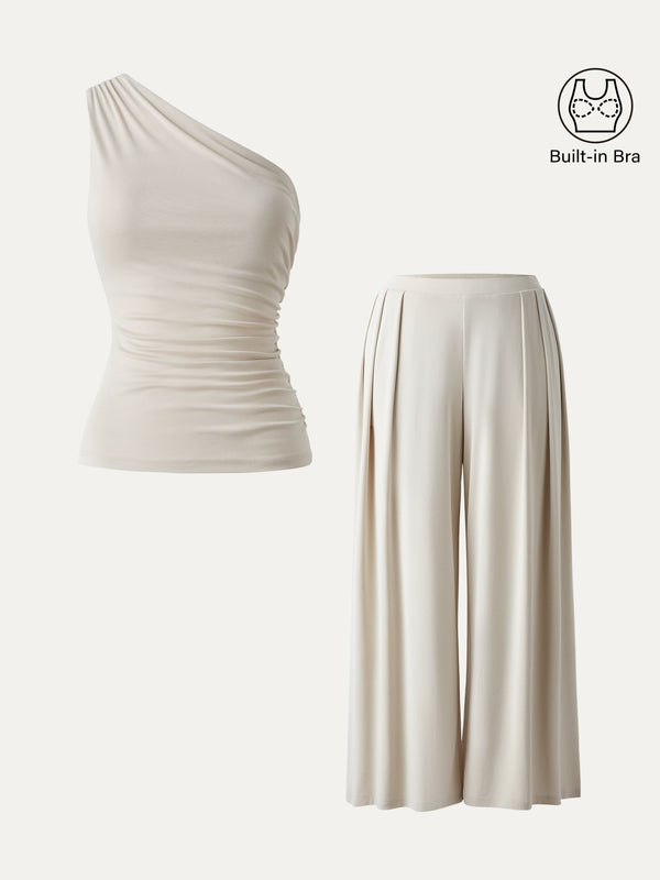 OGLmove 2Pcs Set Petite Wide Leg Palazzo Pant with Pockets & Ruched Bra Tank Morning Mist XS