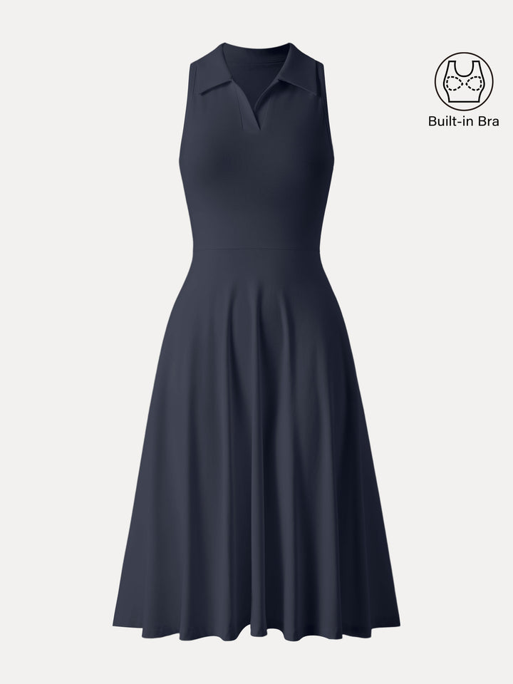 Stretch Cotton Polo Neck Fit-and-flare Midi Brami Dress with Pockets Navy XS