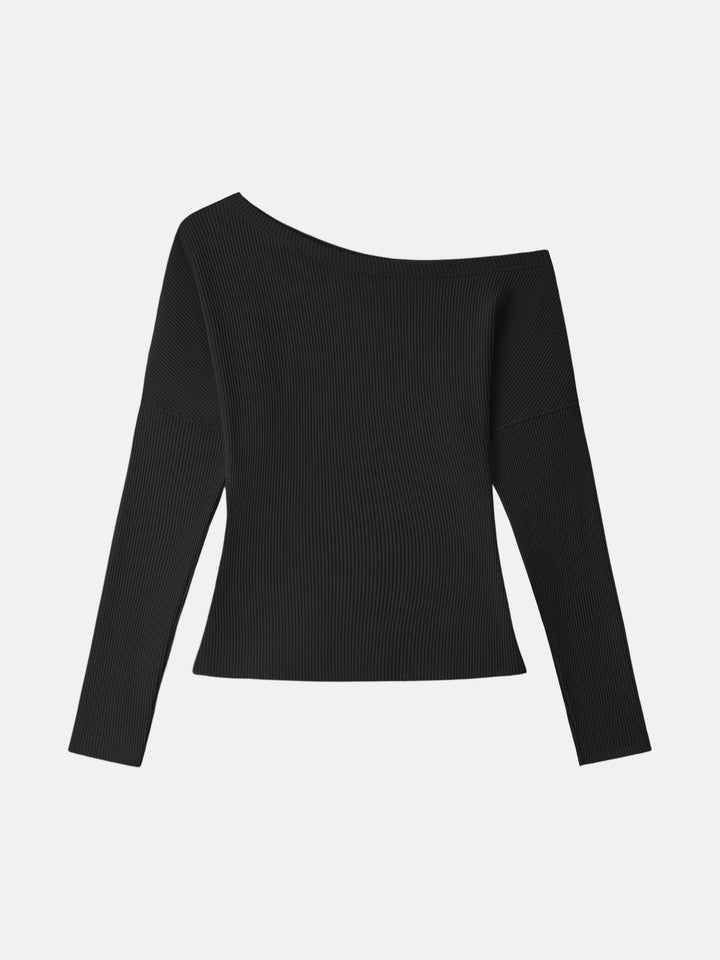 Ribbed Asymmetrical Neckline Long Sleeve Top Black XS