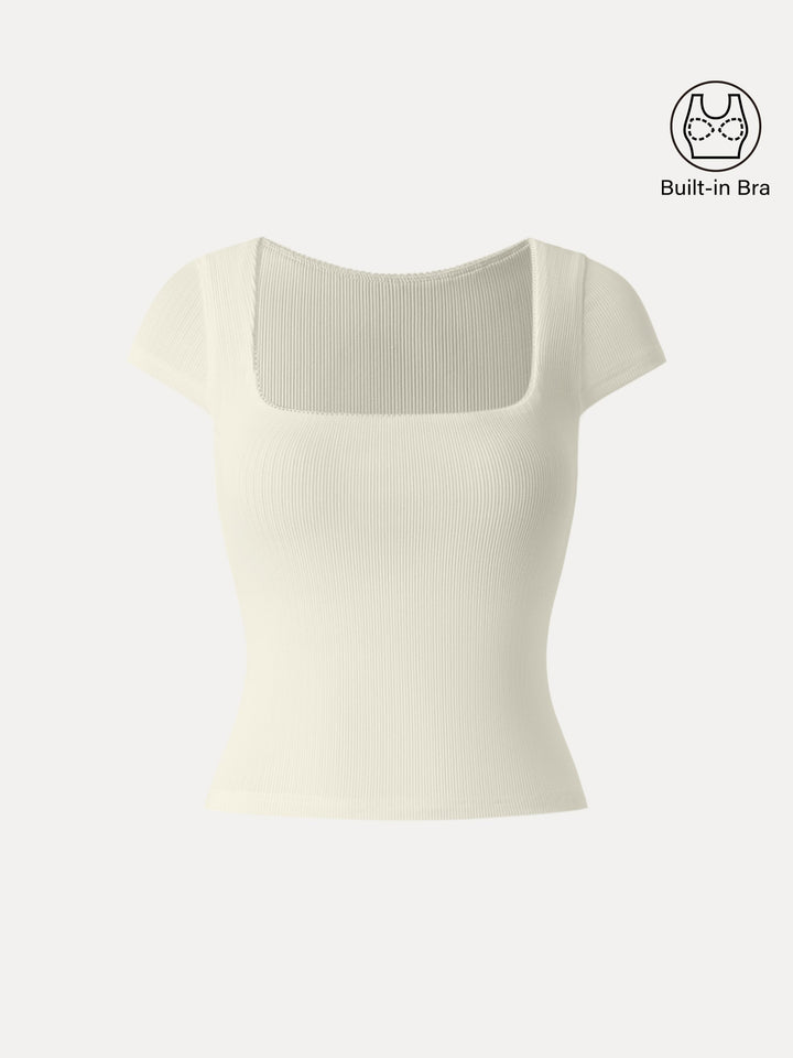 Stretch Cotton Pointelle Square Neck Cap Sleeve Brami Butter Cream XS