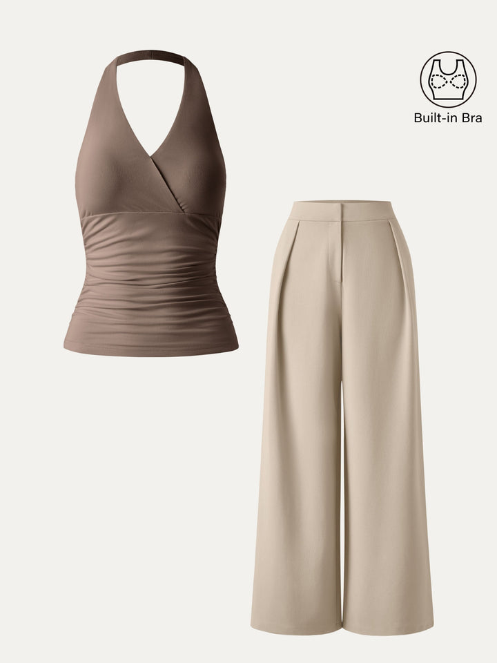 2Pcs Set Halter Neck Brami Tank & Non-sheer Mid Rise Trouser with Pockets