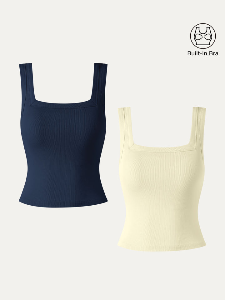 2Pcs Set Slinky Square Open-Back Brami Tank Top-Cropped Navy/Cream Yellow XS