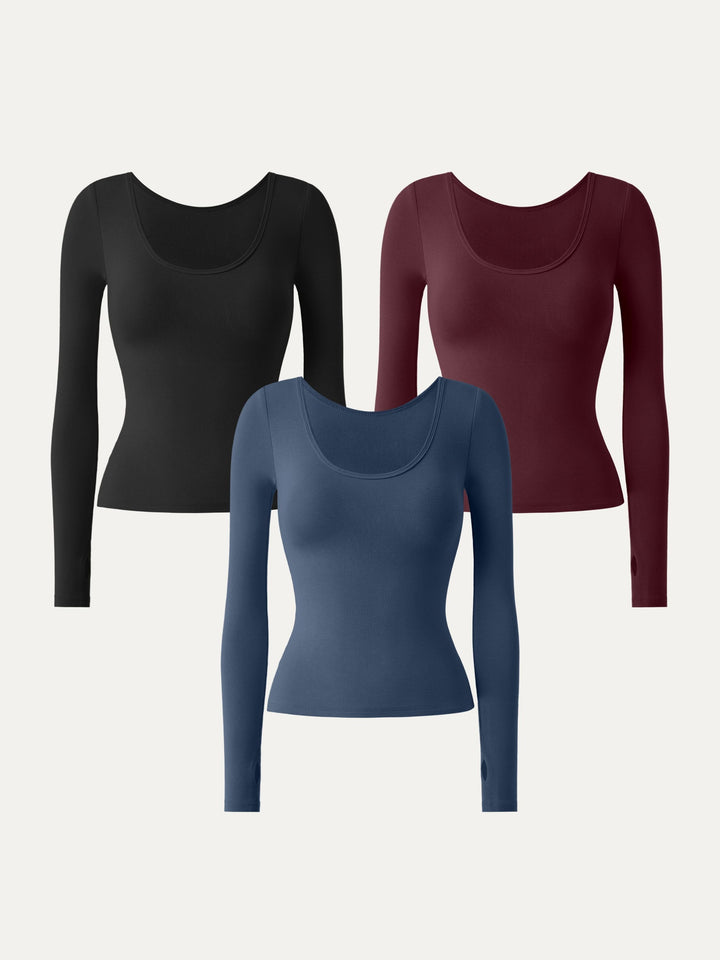 3Pcs Set Essential Lyocell Cashmere Multi-Wear Long Sleeve Top with Thumbholes Black/Wine/Ink Blue XS