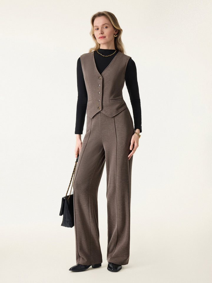 2Pcs Set Brushed Warm V-neck Vest & Regular High Rise Pintuck Straight Pull-on Pants