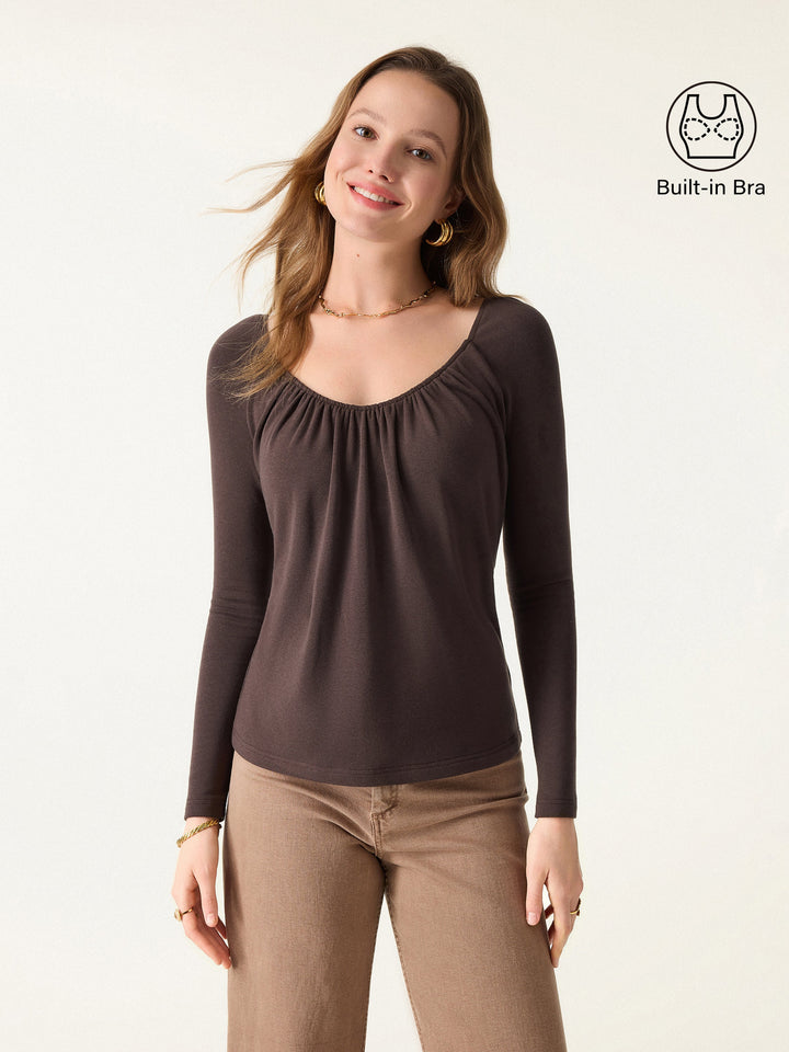 ProWarm Ruched Scoop Neck Long Sleeve Brami Cedar Brown XS