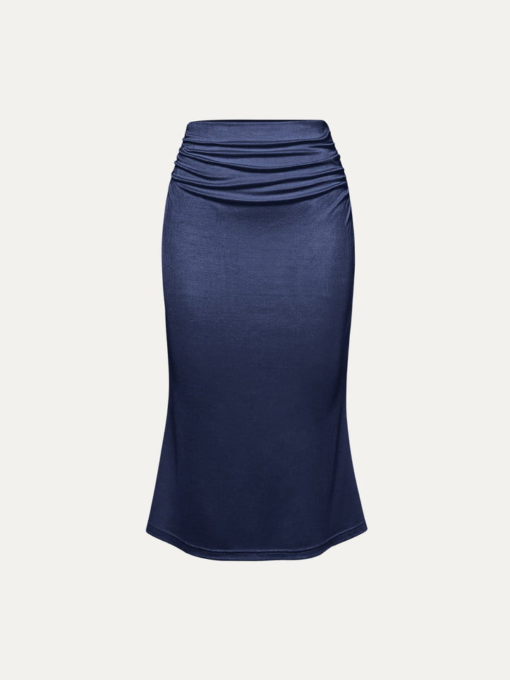 Silk-Like Acetate Ruched Side Mermaid Midi Skirt