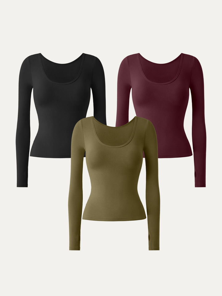 3Pcs Set Essential Lyocell Cashmere Multi-Wear Long Sleeve Top with Thumbholes Black/Wine/Brass Olive XS