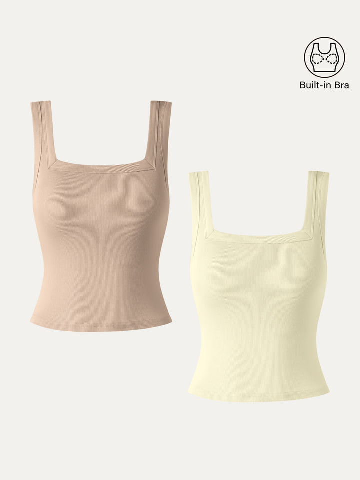 2Pcs Set Slinky Square Open-Back Brami Tank Top-Cropped Natural Calico/Cream Yellow XS