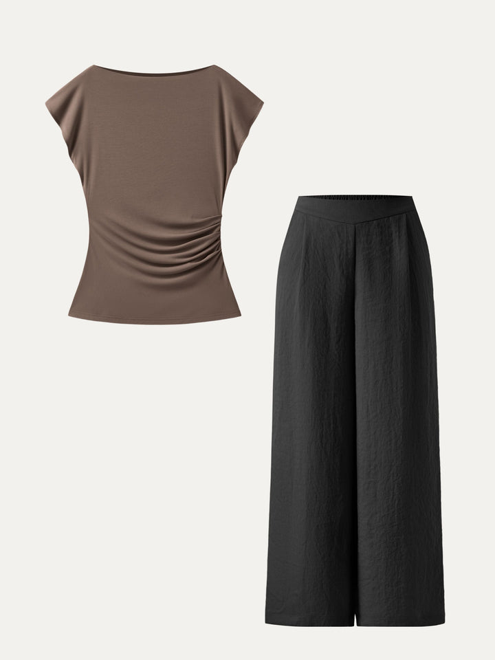2Pcs Set Boatneck Flutter Sleeve Long Tee & Breezy Linen Wide Leg Pant with Pockets Black/Iced Mocha XS