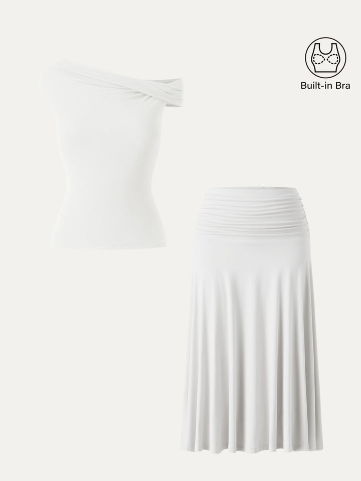2Pcs Set Multi-wear Necklines Brami Top & Flowy Side Ruched A-line Midi Skirt Pure White XS