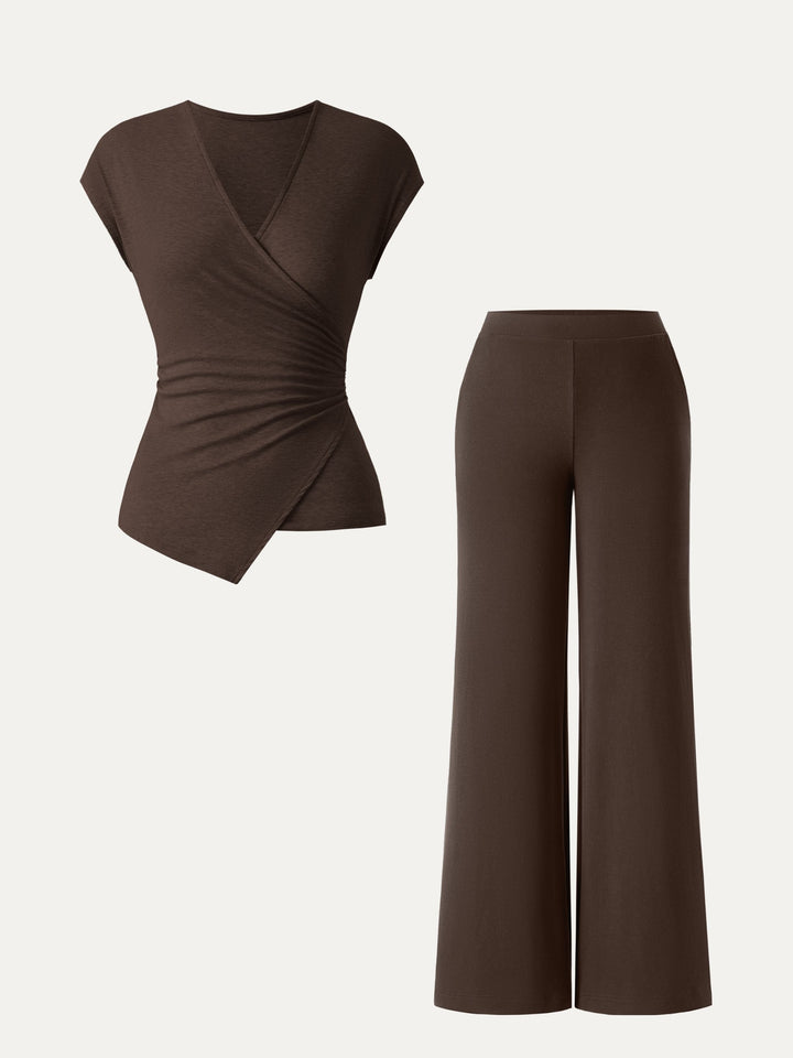 2Pcs Set Lyocell Wool Surplice Cap Sleeve Top & Mid Rise Wide Leg Pants with Pockets Dark Bruntte XS