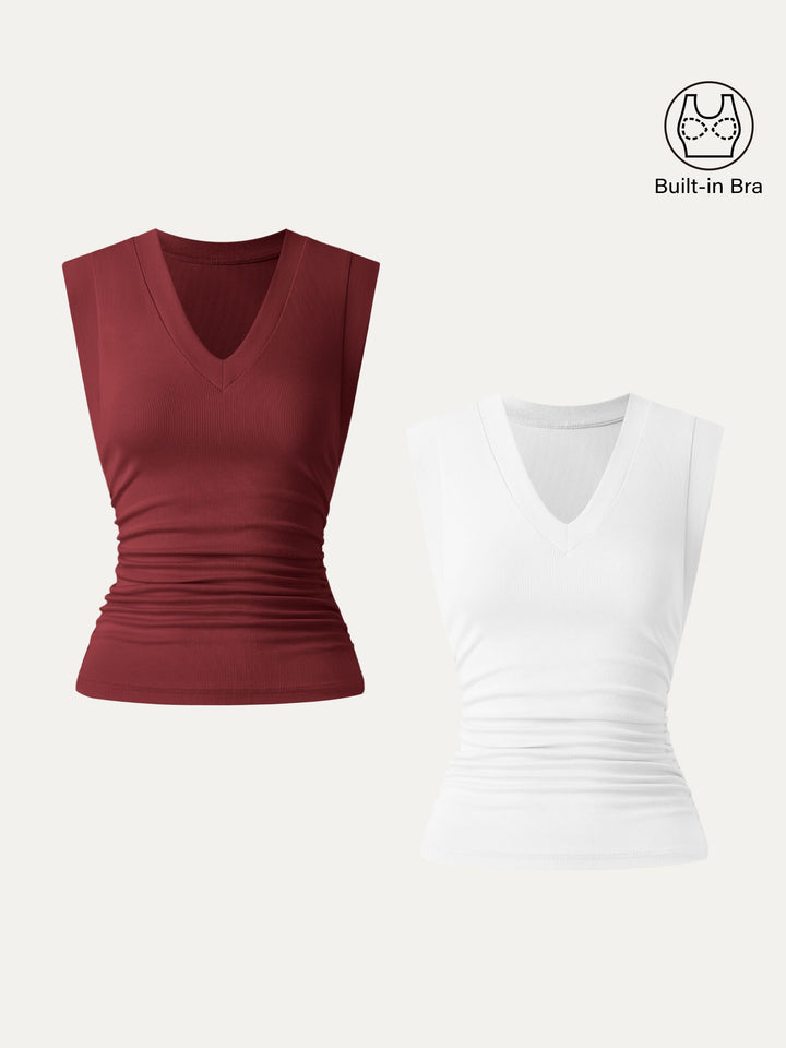2Pcs Set Brami Stretch Cotton V-neck Side Ruched Muscle Top White/Retro Red XS