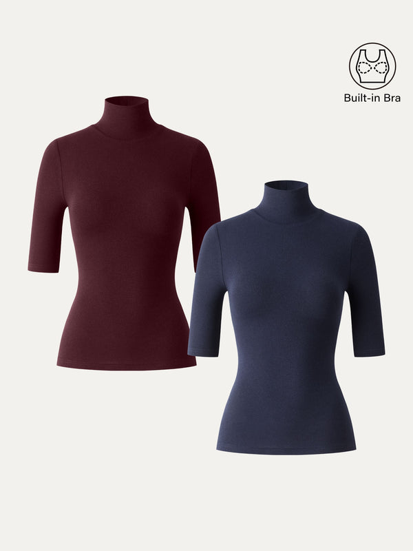 2Pcs Set Essential Turtleneck Elbow Length Sleeve Brami Midnight Navy/Ruby XS