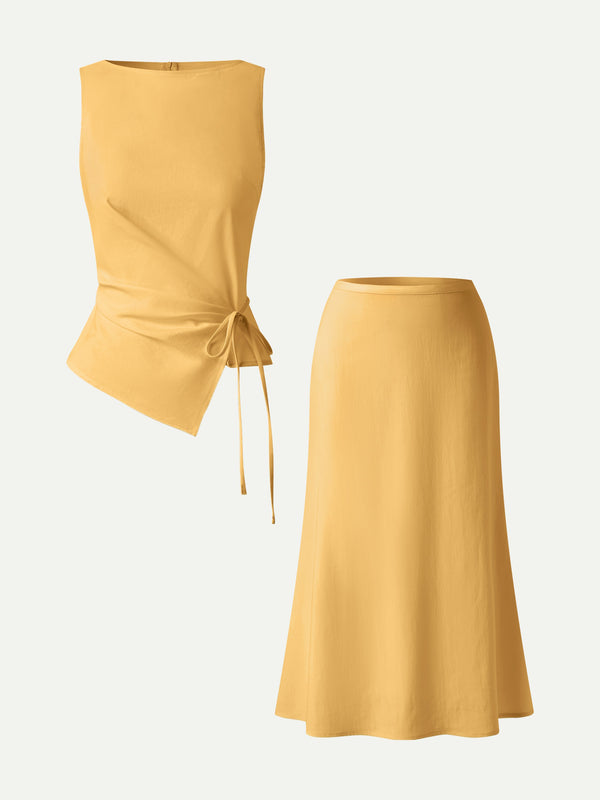 OGLmove 2Pcs Set Boatneck Waist-Defined Top & Maxi Flared Pull-On Skirt