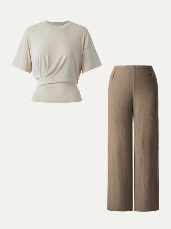 2Pcs Set Sandwashed Crewneck Tee & Cotton-linen Mid Rise Straight Leg Pant Morning Mist/Jara XS