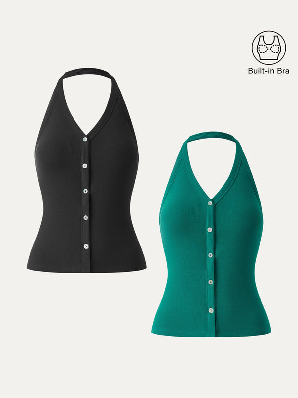 2-teiliges Set aus Stretch-Baumwolle mit Neckholder und Knopfleiste, Brami