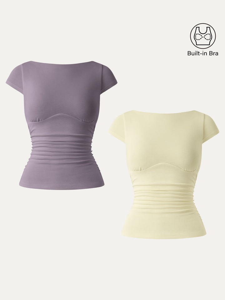 2Pcs Set Sandwashed Boatneck Cap Sleeve Ruched Brami Butter Yellow/Taro Tea XS