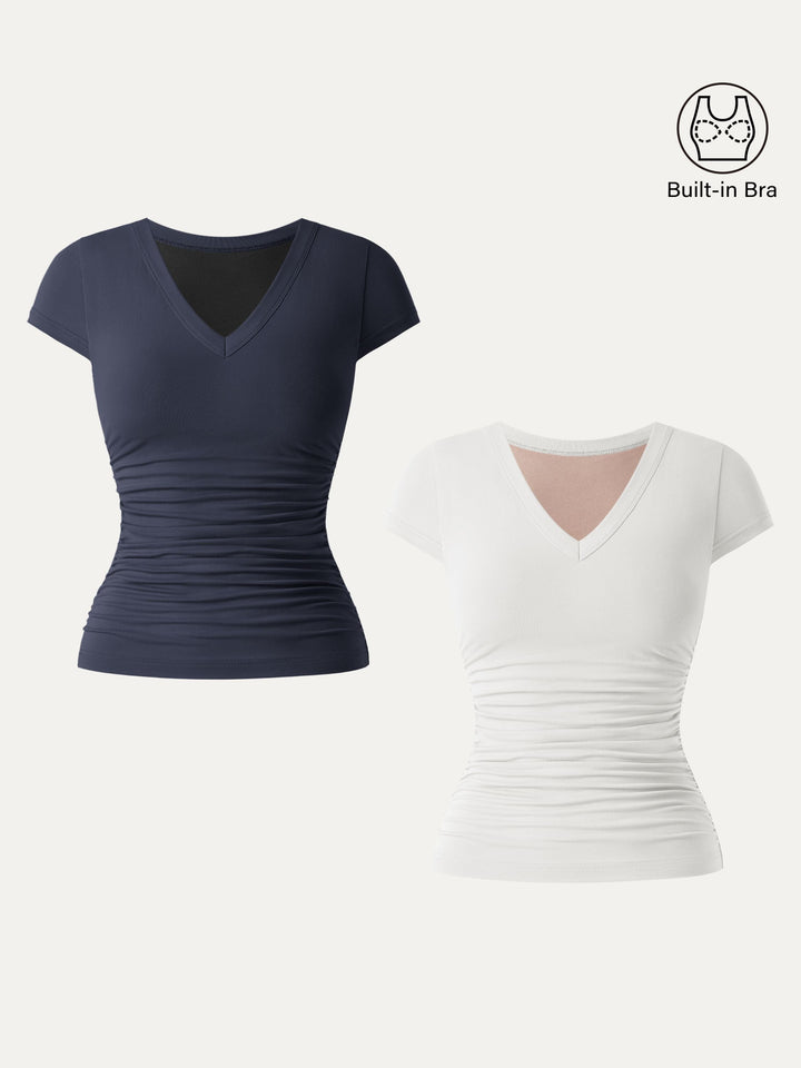2Pcs Set Elevated V-neck Side Ruched Cap Sleeve Brami Tee Pure White/Midnight Navy XS
