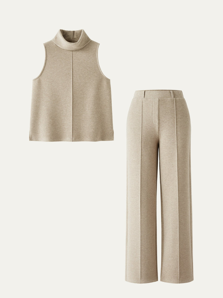 2Pcs Set Split Hem Top & High Waisted Straight Leg Pant