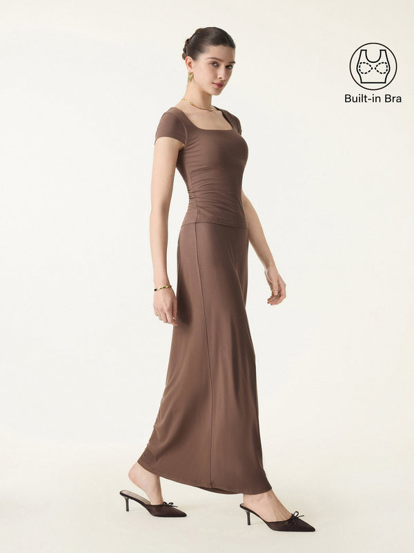 2Pcs Set SkinKiss Square Neck Cap Sleeve Cropped Brami & H-Line Maxi Skirt