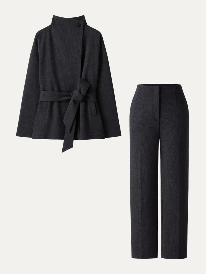 2Pcs Set Regular Tapered Trousers with Pockets & Retro Belted Jacket