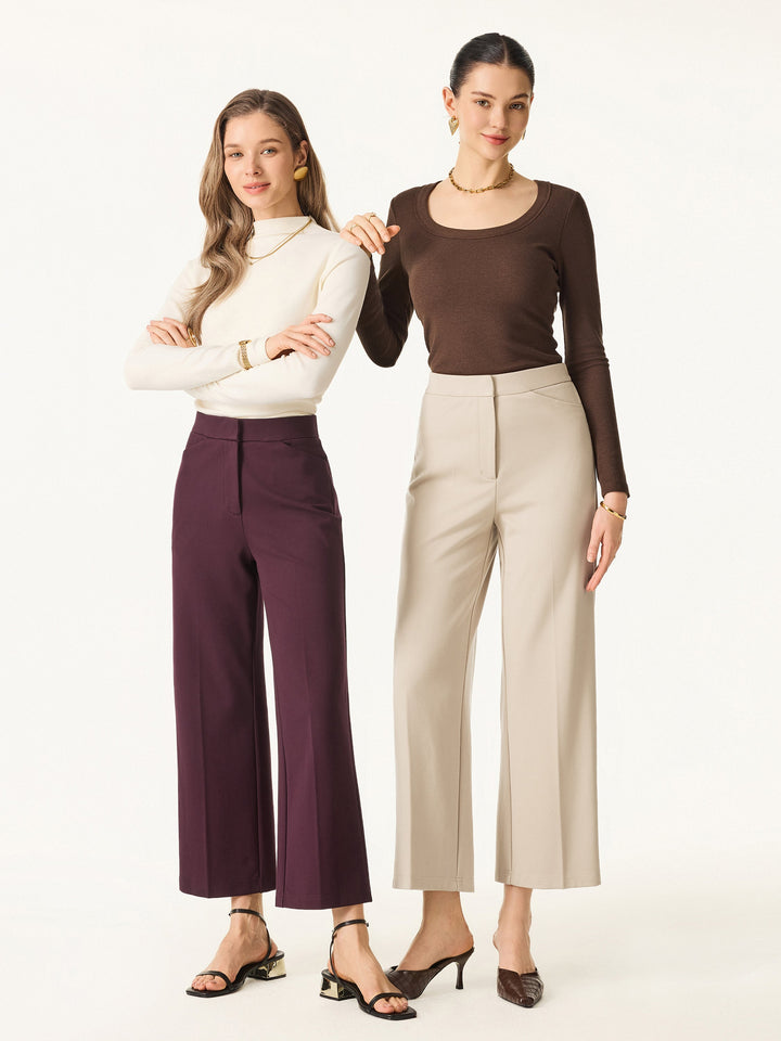 Ponte High Rise Straight Leg Cropped Fly-Front Trousers with Pockets