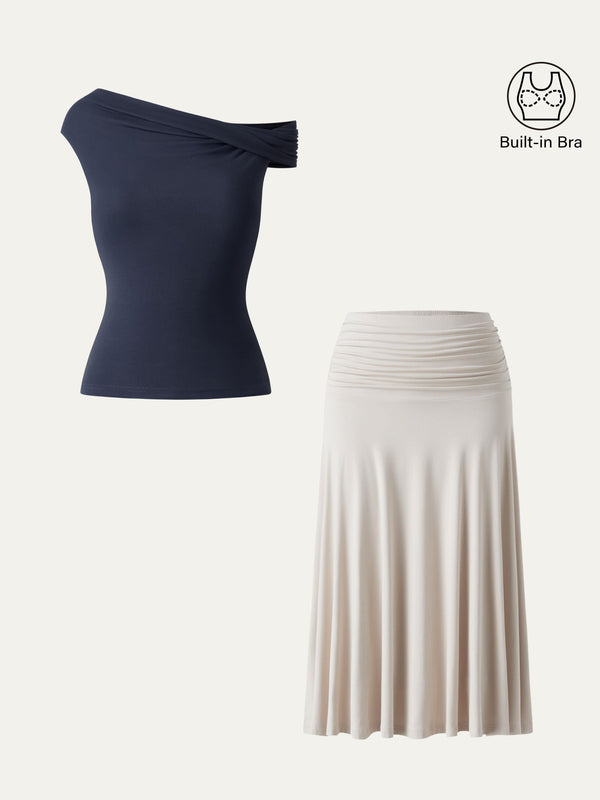 OGLmove2Pcs Set Multi-wear Bra Top & Side Ruched A-line Midi Skirt
