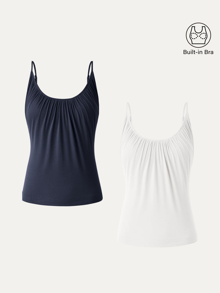 2Pcs Set Hip Length Scoop Neck Gathered Spaghetti Brami Top Pure White/Midnight Navy XS