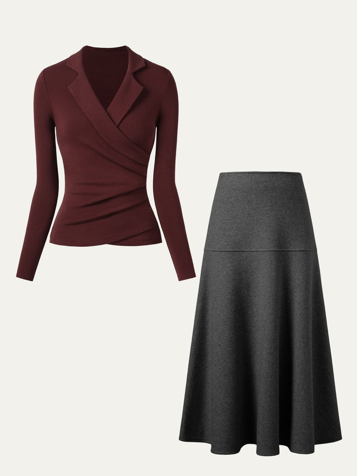 2Pcs Set Collared Surplice Top & Flared Maxi Skirt Ruby/Heather Black XS