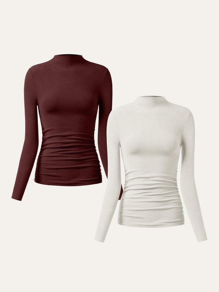Thermal Ruched Sides Tuckable Mockneck Top Off White/Ruby XS