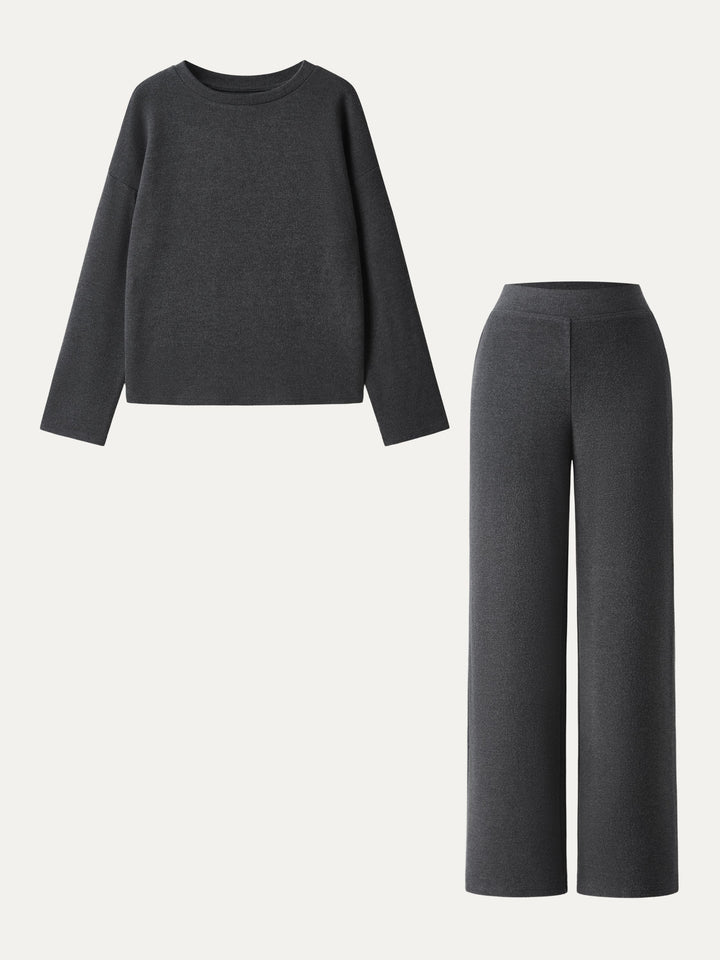 2Pcs Set Crew Neck Long Sleeve Top & Mid Rise Straight Leg Pants with Pockets