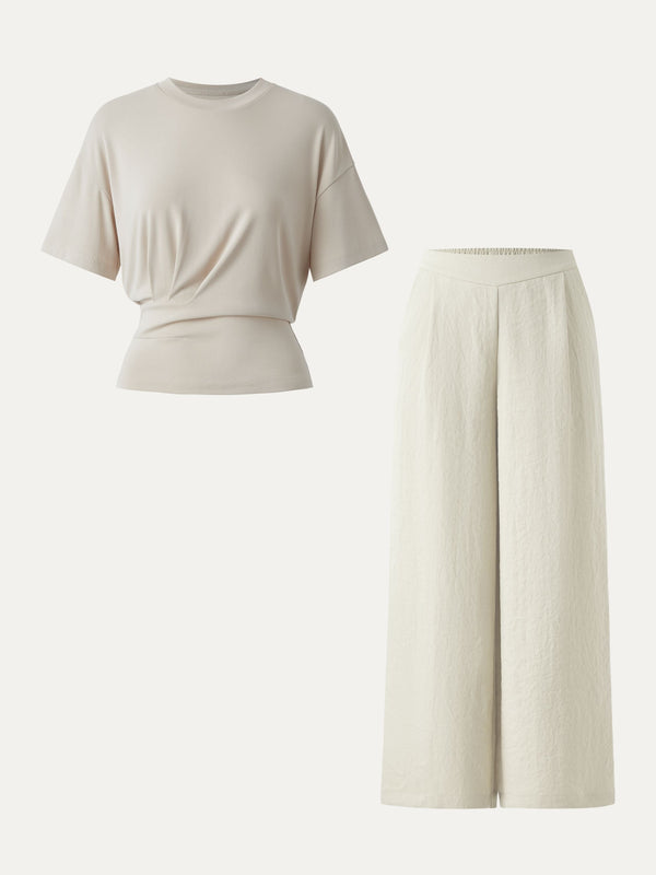 2Pcs Set Sandwashed Crewneck Short Sleeve Tee & Linen Mid Rise Wide Leg Pant with Pockets Morning Mist/Off White XS