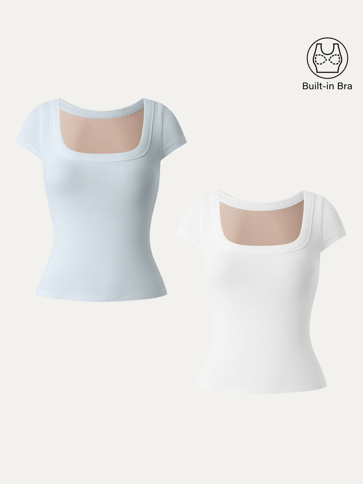2Pcs Set Stretch Cotton Square Neck Cap Sleeve Brami White/Foam Blue XS