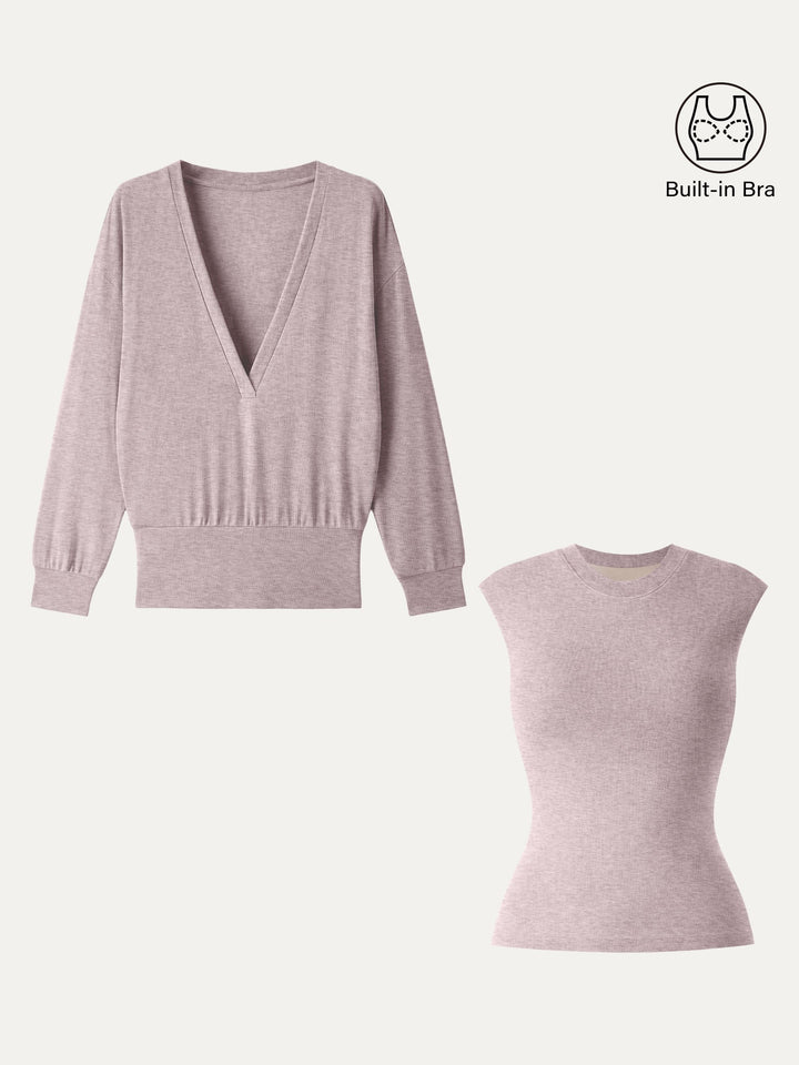 2Pcs Set Lyocell Cashmere V-neck Drop Shoulder Top & Crew Neck Wide Shoulder Brami Heather Light Pink XS