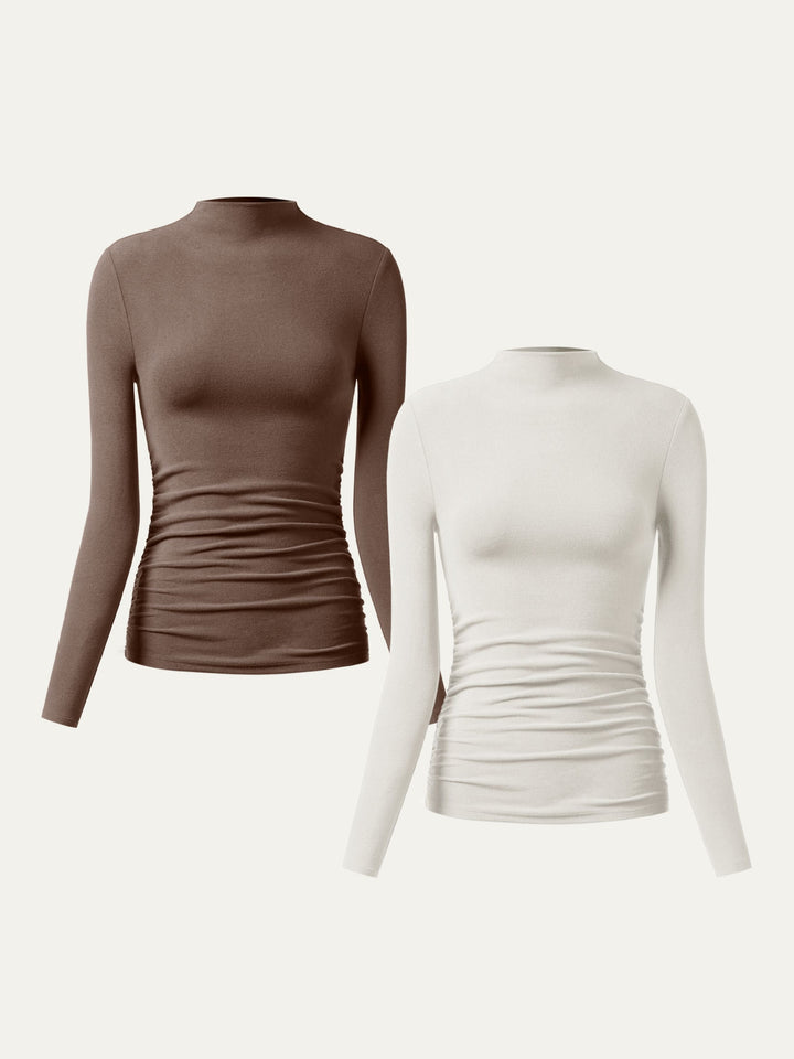 Thermal Ruched Sides Tuckable Mockneck Top Off White/Mocha XS