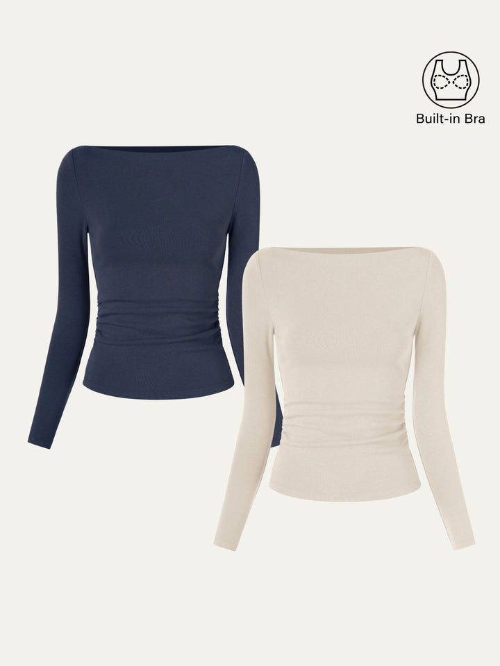 2Pcs Set Modern Side Ruched Boatneck Brami Top Morning Mist/Indigo XS