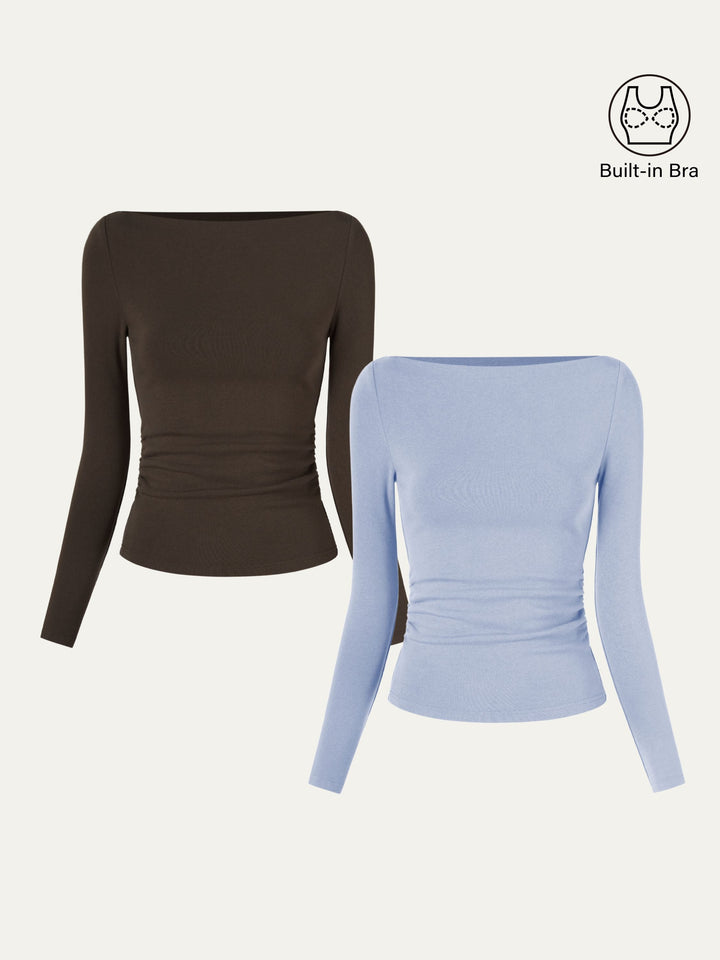 2Pcs Set Modern Side Ruched Boatneck Brami Top Espresso/Sea Glass XS