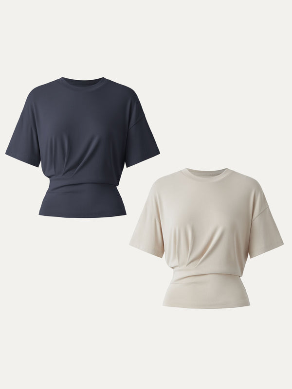 2Pcs Set Sandwashed Crewneck Short Sleeve Tucked Tee Morning Mist/Deep Navy XS