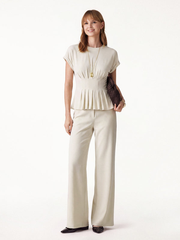 OGLmove 2Pcs Set Round Neck Tee & Mid Rise Fly-Front Wide Leg Trousers Morning Mist XS