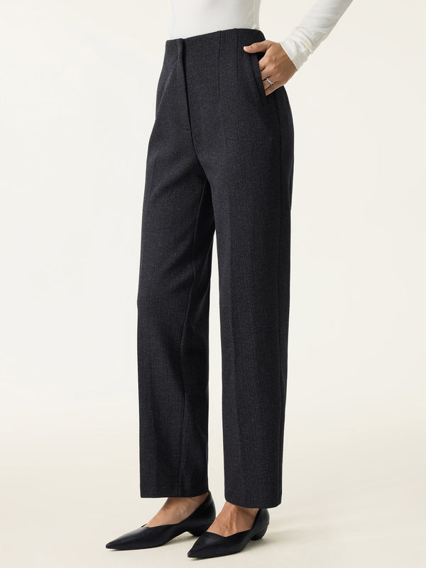 Herringbone High Rise Tapered Leg Trousers with Pockets Regular Onyx Black