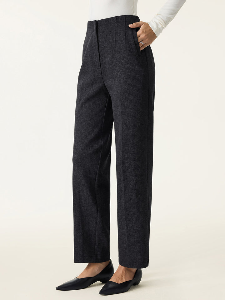 Herringbone High Rise Tapered Leg Trousers with Pockets Regular Onyx Black