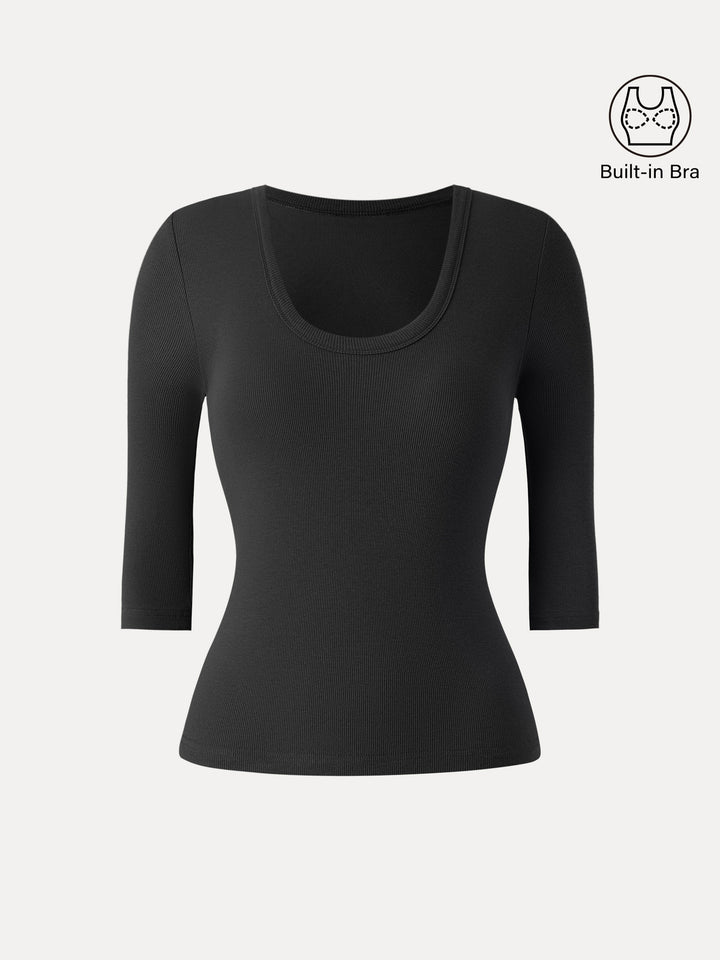 Essential Stretch Cotton U-neck 3/4 Sleeve Brami Black XS
