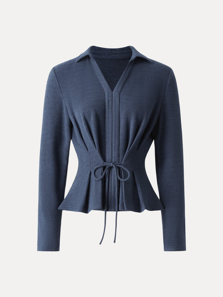 Polo Neck Drawstring Tie Long Sleeve Top